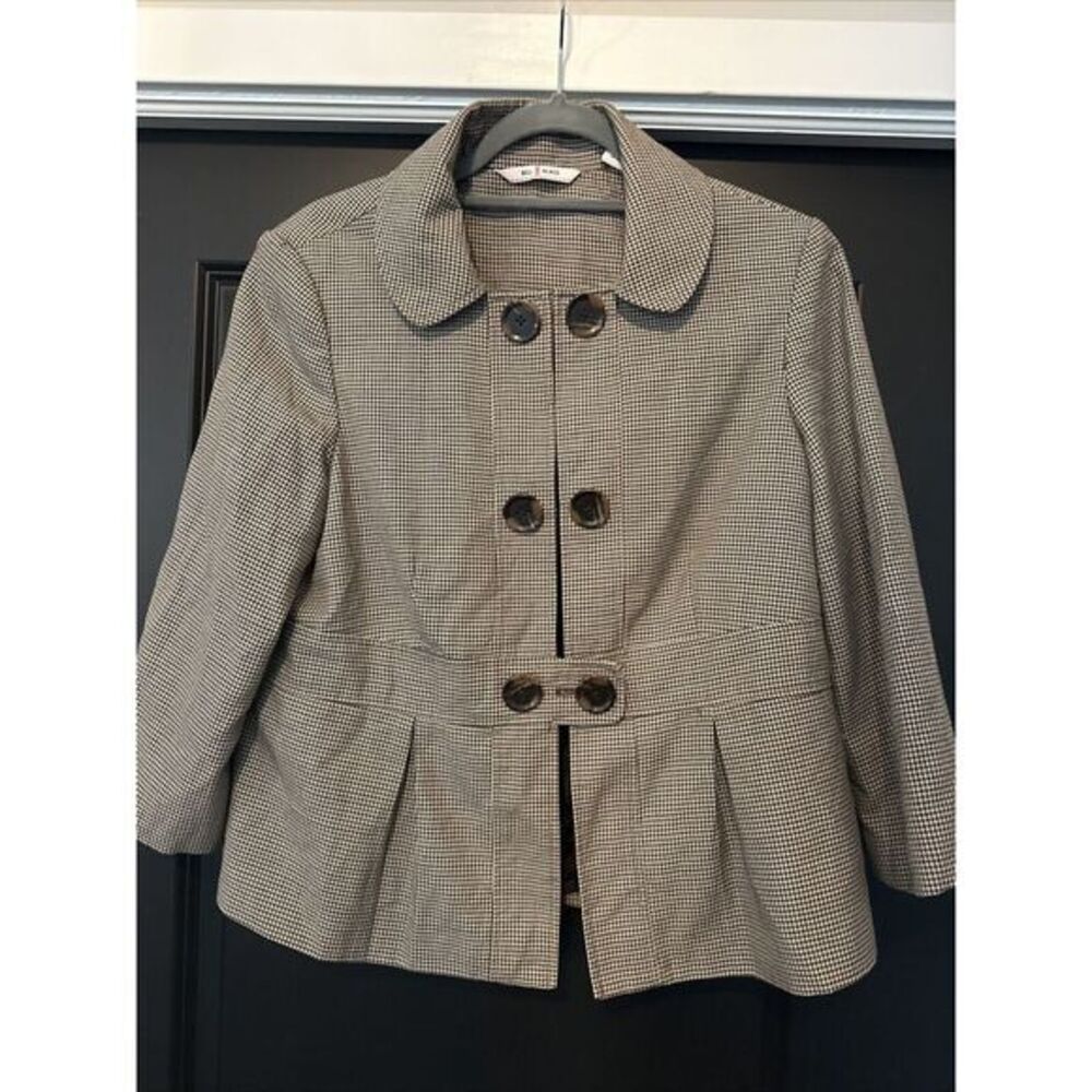 Bill Blass Womens Jacket Gray Houndstooth Hook Eye Lined Pleated 3/4Sleeve Large